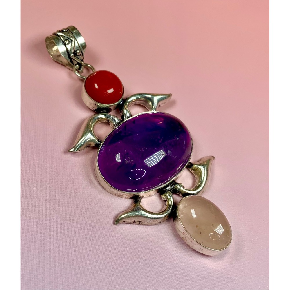 Amethyst Coral & Rose Quartz Statement Pendant - Picture 3 of 4